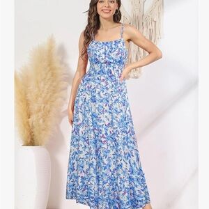 Grace Karin Smocked Blue and White Maxi Sundress